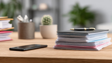 Organized desk scene with stacks of documents, a smartphone, a pen, and decorative plants, showcasing a modern workspace environment in a bright setting.の素材