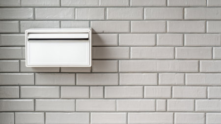 Modern white mailbox on a gray brick wall in an urban setting, designed for contemporary architectural aesthetics and functionalityの素材