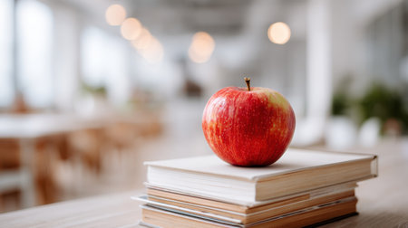 Fresh Red Apple on Stack of Books in Bright Modern Classroom with Warm Lighting and Blurry Backgroundの素材
