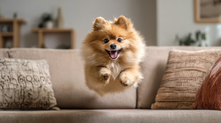 Playful Pomeranian Dog Leaping Joyfully in a Cozy Living Room Setting with Soft Furniture and Natural Lightの素材