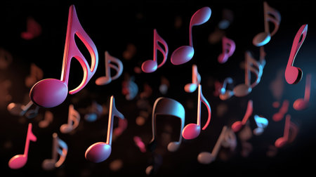 Abstract Representation of Colorful Musical Notes Floating in a Dreamy Dark Space Creating a Melody of Imagination and Creativity for Artistic Inspirationの素材