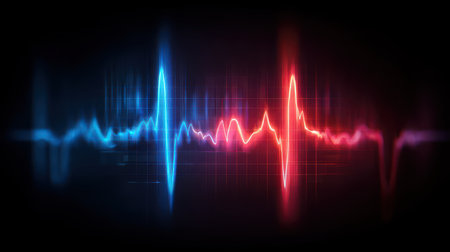 Abstract representation of audio waveforms in vibrant colors showcasing sound frequencies and rhythms against a dark backgroundの素材