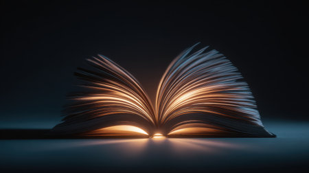Glowing Open Book with Warm Light in Dark Background, Symbolizing Knowledge, Imagination, and Inspiration for Creative Projects and Educationの素材