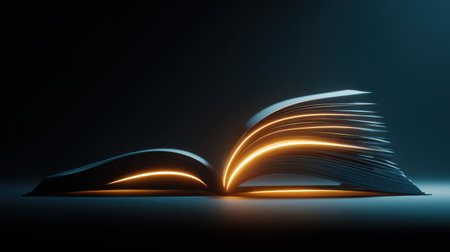 Solitary Book with Illuminated Pages on Dark Surface, Symbolizing Knowledge, Imagination, and Discovery, Evoking a Sense of Wonder and Inspirationの素材