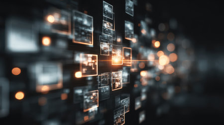 Abstract digital technology background with glowing data blocks and interconnected screens representing innovative future in virtual spaceの素材