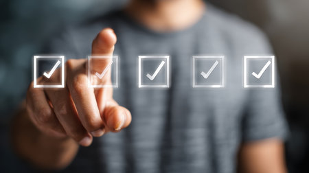 Hand selecting check boxes on a digital interface, symbolizing choice, decision making, and task completion in a modern business environmentの素材
