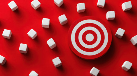 Red Background with Round Target and Sugar Cubes Arranged in Artistic Pattern for Creative Food Concept or Marketing Designの素材