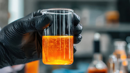 Laboratory hand holding a glass beaker containing bright orange liquid with bubbles illustrating a scientific research and experimentation concept in a lab settingの素材