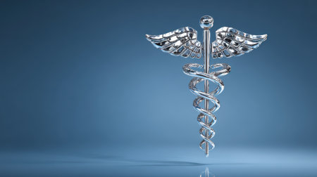 3D Silver Caduceus Symbol with Wings Representing Medicine and Healthcare on a Blue Background for Medical Illustrations and Conceptsの素材