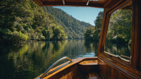 Scenic View from a Wooden Boat on a Serene River Surrounded by Lush Green Forests and Mountainous Landscape Under Clear Blue Skyの素材