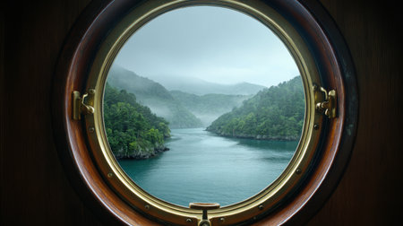 Scenic View of Lush Mountains and Calm Water Framed by a Porthole in a Misty Atmosphere on a Tranquil Dayの素材