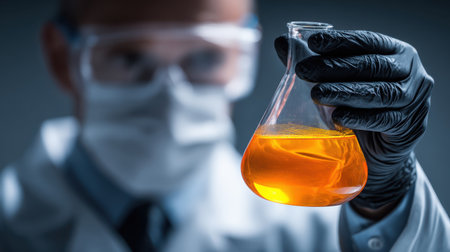 Researcher in laboratory holding a flask with orange liquid, wearing protective gloves and goggles, focused on the experiment's result and analysisの素材