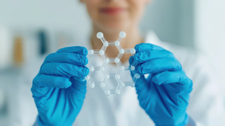 Scientist Holding Transparent Molecular Model in Laboratory Environment with Blue Gloves and Blurred Background Emphasizing Research and Innovationの素材