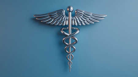 3D metallic caduceus symbol with wings on a blue background representing healthcare and medicine concepts in a modern artistic styleの素材