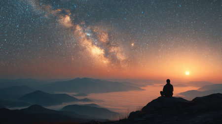 Serene Moment of Reflection Under the Starry Sky and Bright Milky Way During Twilight Over Mountainous Landscapeの素材
