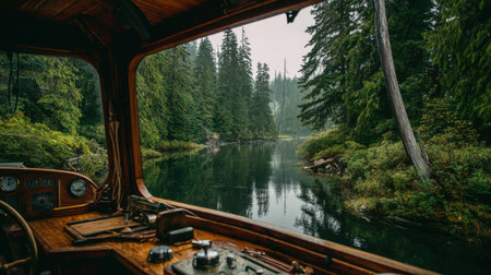 Serene View from a Vintage Boat Cabin on a Tranquil Forest River Surrounded by Lush Green Trees and Calm Waters in a Peaceful Nature Settingの素材