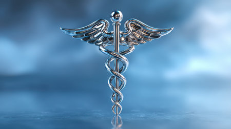 Silver caduceus symbol with wings on a blue background representing medicine, healthcare, and wellness in a modern artistic style for stock photography useの素材