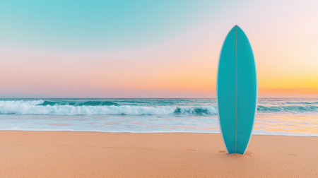 Vibrant Surfboard by the Tranquil Ocean Waves and Sandy Beach at Sunset, Capturing the Essence of Summer, Adventure, and Coastal Serenityの素材