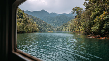 Serene Landscape View of Lush Green Mountains and Calm Waters Framed by Boat Window in a Tropical Rainforest Environmentの素材
