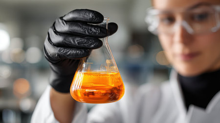 Scientist in laboratory holding a flask with orange liquid while wearing gloves and goggles, indicating experimentation and analysis in a modern research facilityの素材