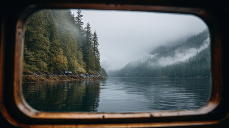 Serene Lake View Through Cabin Window with Fog and Forest Reflections in Calm Water, Ideal for Nature Lovers and Travel Enthusiastsの素材