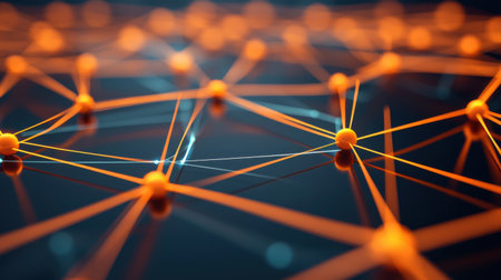 Abstract 3D network of glowing orange and blue lines connected by nodes representing digital connections, technology, and data flow against a dark backgroundの素材
