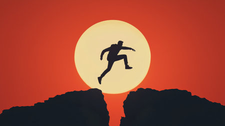 Dramatic Silhouette of a Person Jumping Across a Chasm with an Orange Sunset in the Background Symbolizing Challenge and Adventureの素材