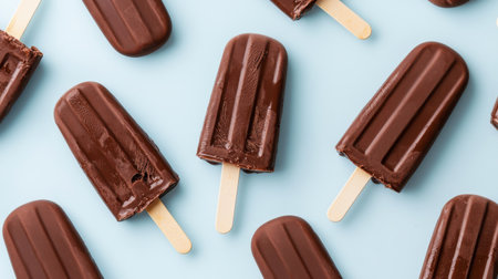 Chocolate Frozen Treats on Light Blue Background, Delicious Ice Cream Bars with Wooden Sticks, Sweet Summer Snacks for Fun Gatherings and Partiesの素材