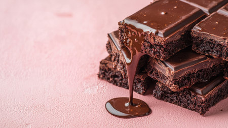 Rich and Decadent Chocolate Brownies with Melted Chocolate Dripping Down on a Soft Pink Background for Dessert Lovers and Baking Enthusiastsの素材