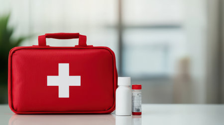 Bright Red First Aid Kit with Medical Supplies on Table in Modern Indoor Settingの素材