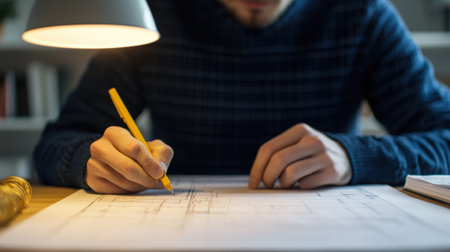 Focused Designer Sketching Modern Plans with Yellow Marker on Drafting Paper While Seated at Wooden Desk Under Soft Glow of Lamp Lightの素材