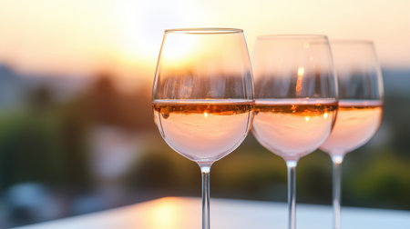 Three Elegant Wine Glasses with Rose Wine at Sunset, Reflecting Soft Light with a Beautiful Natural Background and Warm Golden Huesの素材