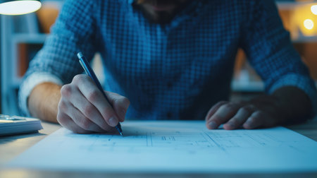 Detailed View of Designer Sketching on Blueprint at Desk in Dim Light with Lamp, Creating Conceptual Design and Architectural Plansの素材