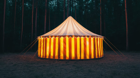Brightly Lit Circus Tent Surrounded by Tall Trees in a Dark Forest, Inviting Wonder and Adventure, Ideal for Fun Events and Gatheringsの素材