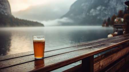Refreshing Glass of Beer on Wooden Table Overlooking Serene Lake with Misty Mountains in Background during Sunrise or Sunsetの素材