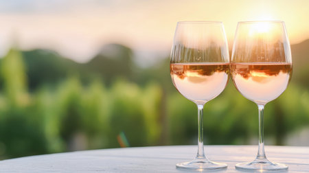 Romantic celebration with two glasses of rose wine during sunset overlooking beautiful vineyard landscape in warm golden tones of evening light.の素材