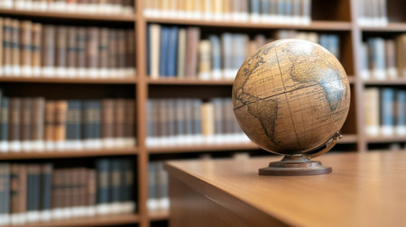 Vintage globe on wooden table with a background of bookshelves filled with antique books in a library setting, showcasing education and exploration themesの素材