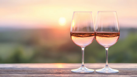 Romantic Sunset with Two Glasses of Rose Wine Toasting in a Scenic Landscape by the Ocean, Perfect for Celebrations and Special Momentsの素材