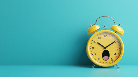 Bright Yellow Alarm Clock with Open Mouth on a Turquoise Background, Symbolizing Time Management and Daily Routine in Modern Decorの素材