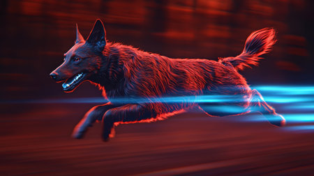 Energetic dog running through a blurred landscape, showcasing speed and agility in vivid colors, conveying motion and vitality in dynamic environmentの素材