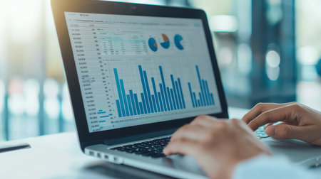 Person using laptop to analyze financial data with charts and graphs in a modern office setting during the day showcasing productivity and workspace organizationの素材