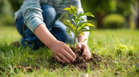 Child's Hands Planting a Young Sapling in Rich Soil on a Sunny Day in a Lush Green Park for Gardening, Nature, and Environmental Themesの素材