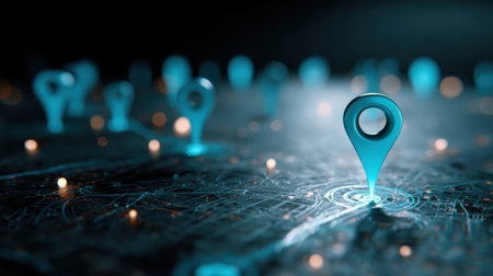 Abstract Digital Map with Geolocation Pins in Futuristic Style for Navigation, Travel, and Technology Conceptsの素材