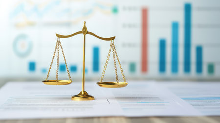 Golden Scale of Justice on Paper with Financial Graphs and Charts in Background, Symbolizing Legal and Financial Balance, Analysis and Decision Makingの素材