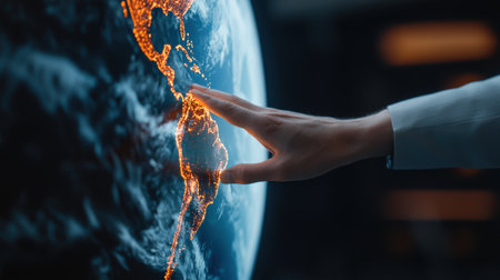 Human Hand Reaching Out to a 3D Globe Displaying North America and South America with Bright Lights Across Countries Concept of Technology and Global Connectivityの素材