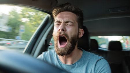 Exhausted man yawning while driving car during daytime, expressing fatigue and drowsiness, showing effects of lack of sleep on a busy roadの素材