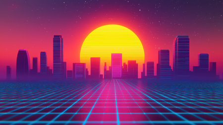 Futuristic City Skyline at Sunset with Neon Colors and Grid Pattern in Retro Aesthetic Style, Vibrant Cityscape in Twilight Atmosphereの素材