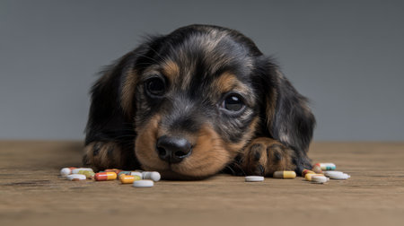 Adorable puppy relaxing on wooden surface surrounded by colorful medicine tablets, showcasing themes of health, care, and pet well-beingの素材