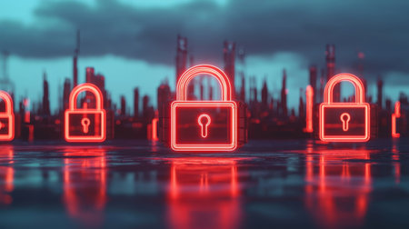 Neon Lock Symbols Reflecting in Futuristic Cityscape with Distant Skyscrapers Under Dramatic Sky and Urban Vibe at Night for Security Conceptsの素材