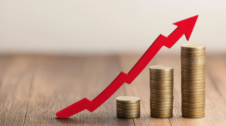Rising Trend of Financial Growth Illustrated by Stacked Coins and an Ascending Arrow on a Wooden Surface Symbolizing Economic Success and Prosperityの素材